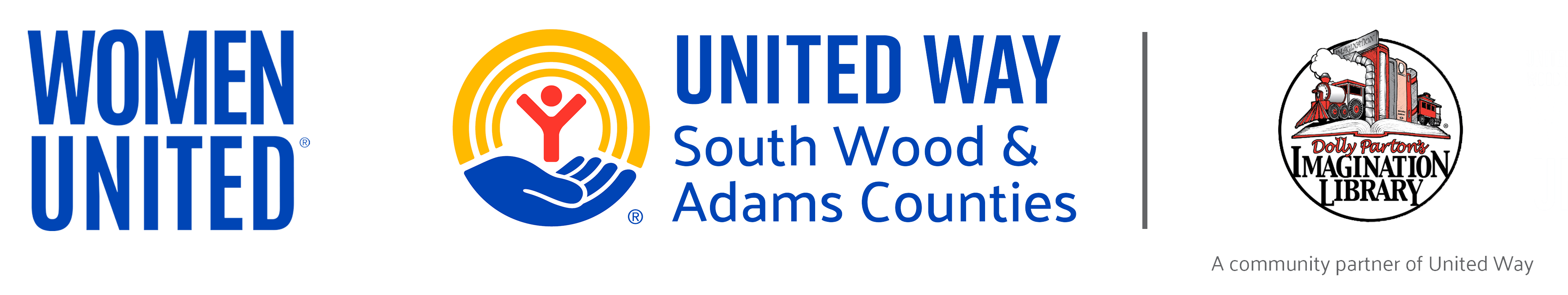 Women United logo, United Way South Wood & Adams County logo, and Dolly Parton's Imagination Library logo with the words A community partner of United Way underneath