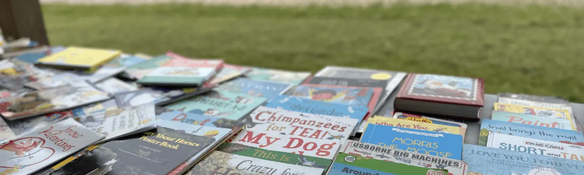 books on a table near a playground