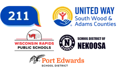 211, United Way of South Wood & Adams Counties, Wisconsin Rapids Public Schools, School District of Nekoosa, and Port Edwards School District logos